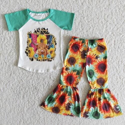 Clothing Set Colorful Cow and Sunflower Printed short sleeves shirt bell bottom sets Children boutique Wholesale