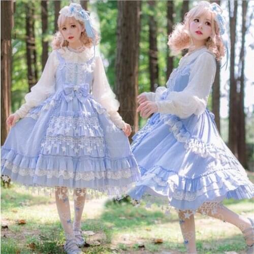 Lace Blue Bow Lolita Daily JSK Girl Lolitas Dress Kawaii Stars Tassels Girl Tea Party Cos Sleeveless Dress B1845
