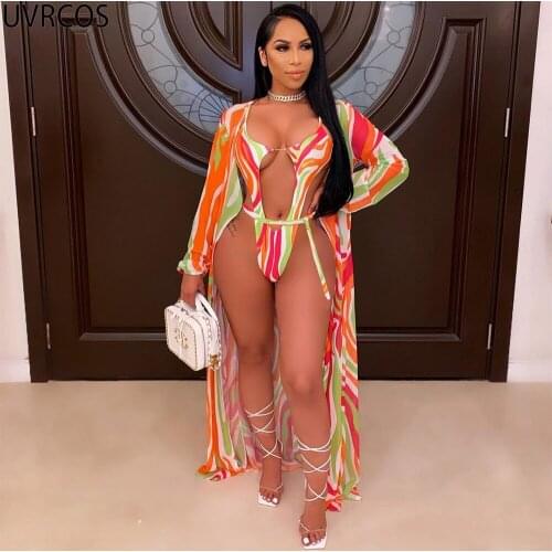 UVRCOS Womens Swimwear 2021 Summer Beach Style Sexy Front Chest Hollow Out Fashion Printed Waist Lace Up Sunscreen Resort Wear