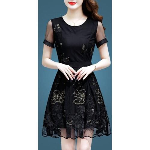 Summer Christmas Dresses Women Vintage Elegant Party Dress Short Sleeve Mesh Embroidery Floral Casual Print Plus Size S~4XL 8160