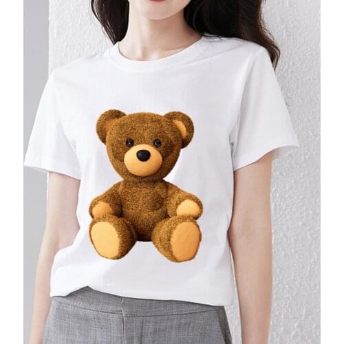 Summer Womens Fashion Simple 3D Teddy Bear Print T-shirt O-neck Ladies T-shirt All-match Casual Slim Soft Commuter Short Sleeve