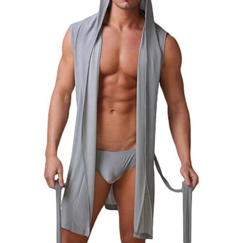 Men Summer Dress Bath Robe Sexy Pajamas Sleepwear Sleeveless Hooded Casual Kimono Bathrobe Nightgown Robe Solid Color