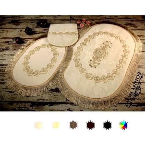 Bonny Home Exclusive 3 Pieces French Lacy Plush Bath Mat Non Slip Leather Based Machine Washable Rug Set