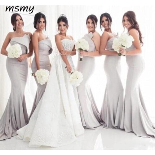 Cheap Sliver Mermaid Bridesmaid Dresses Satin Strapless Sleeveless Ruched Draped Floor Length Custom Made Maid Of Honor Dresses