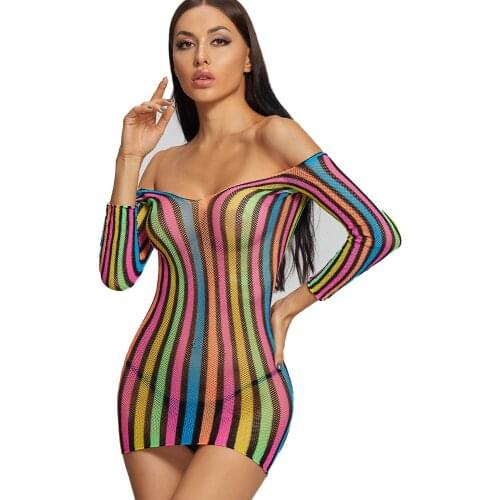 European And American Hot Style Colorful Contrast Rainbow Piece Socks See Through Long Sleeved Fishnet Sexy Dresses Q540