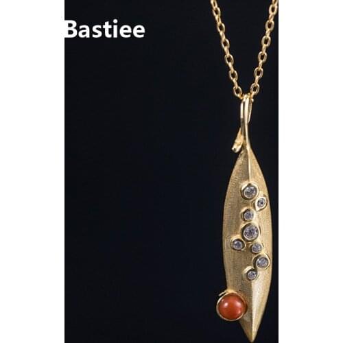 Bastiee Gold Plated Leaf Necklace Pendant Zircon Red Agate Silver 925 Jewelry For Women Link Chain Chinese Vintage