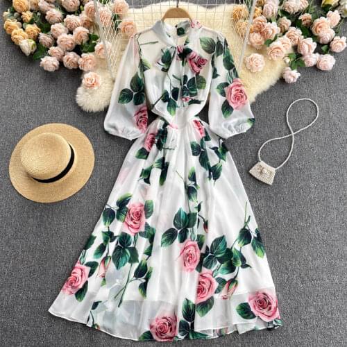 Luxury Quality Europe Style 2021 Summer Womens Bow Collar Half Sleeve Floral Long Dress Female Party Dresses Vestido