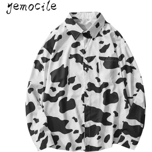 Men Shirts Cow Print Long Sleeve Loose Casual Shirt 2020 New Autumn Korean Style Hip Hop High Street Male Tops