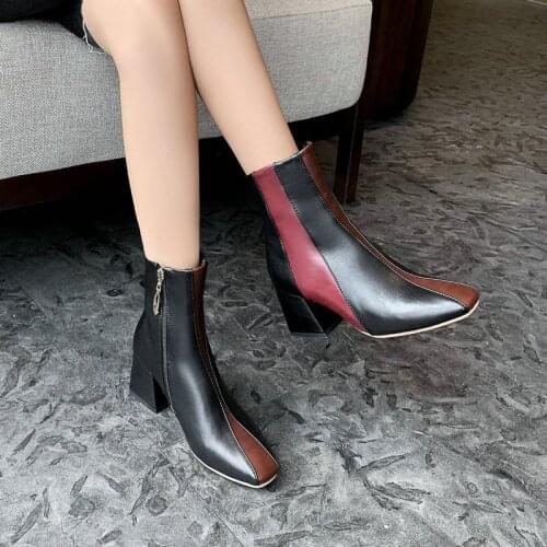 Square Toe Fashion Boots Lady Autumn Winter Color Matching Square Heel Ankle Boots Lady Side Zipper Women Shoes Wine Red Brown