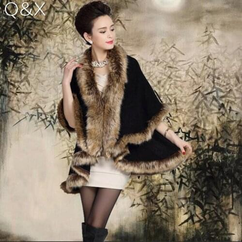 SC64 2017 Winter New Large Size Womens Temperament Double-knit Cardigan Imitation Fox Fur Cape Fur Wedding Shawl Fashion Poncho