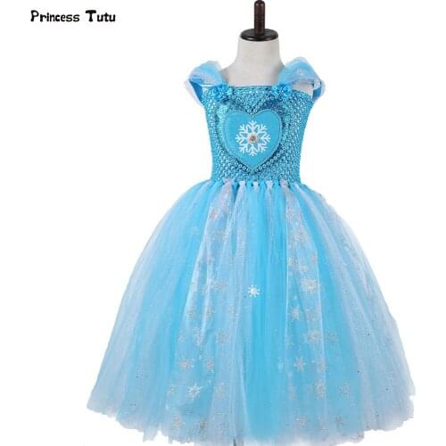 Blue Girls Cosplay Snow Queen Elsa Dress Christmas Halloween Costume For Kids Tulle Sequins Snowflake Birthday Party Tutu Dress