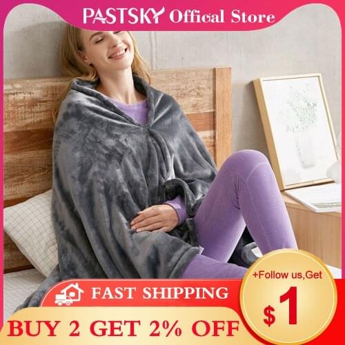 PASTSKY Electric Heating Blanket Warm Shawl Coral Fleece Plush 3-speed Adjust Temperature Winter Large 150*80cm Zipper Washable