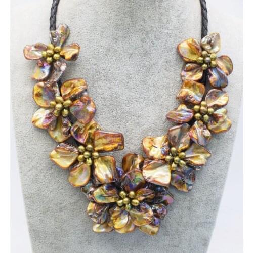 WOW! freshwater pearl necklace nature brown rice and shell flower 18inch nature hand make wholesale