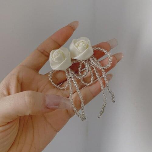 AENSOA Korean Style Fabric Lace Flower Long Pearl Bowknot Earrings for Women Girl Sweet Romantic Statement Earring Party Jewelry