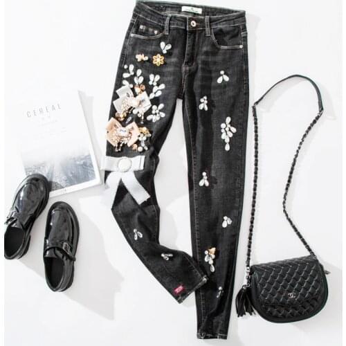 Jeans Woman Stretch Denim Pencil Pants Luxury Beading Diamond Hand Beaded Rhinestone Black Jeans Female Elastic Jeans Pants