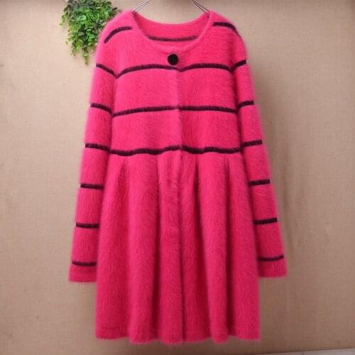 Pull rose ladies women striped mink cashmere knitted loose cardigan angora rabbit hair jacket coat fall winter sweater dress top