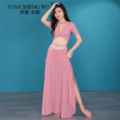 New Belly Dance Costume Womens Long Dress Performance Practice Clothes Short Sleeve Summer Training Clothes for Lady Dance 1Pcs