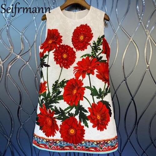 Seifrmann New 2021 Summer Women Fashion Runway Party Mini Dress Sleeveless Gorgeous Crystal Beading Print Ladies Dress Vestidos