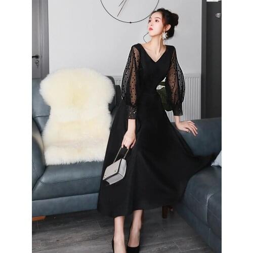 New arrival black mid calf long sleeve lady girl women princess prom banquet party ball dress gown free shipping