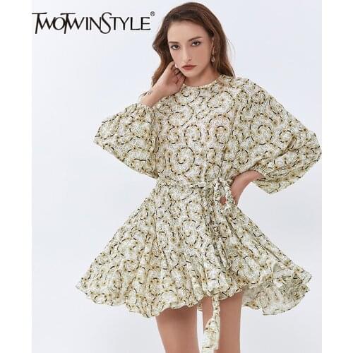 TWOTWINSTYLE Spring Print Dress For Women O Neck Long Sleeve High Waist Lace Up Elegant Dresses Female Fashion New Clothing 2021