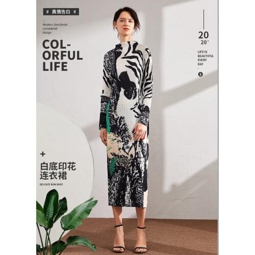 HOT SELLING Miyake geometric print pleated loose stand neck long sleeve women DRESS IN STOCK