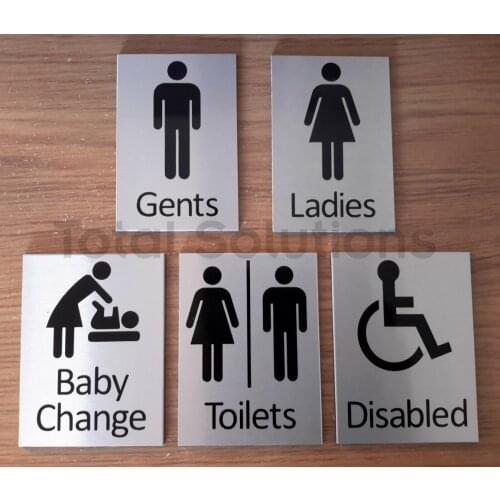Brushed Aluminium Effect Toilet Symbol Signs with text - Ladies / Gents etc