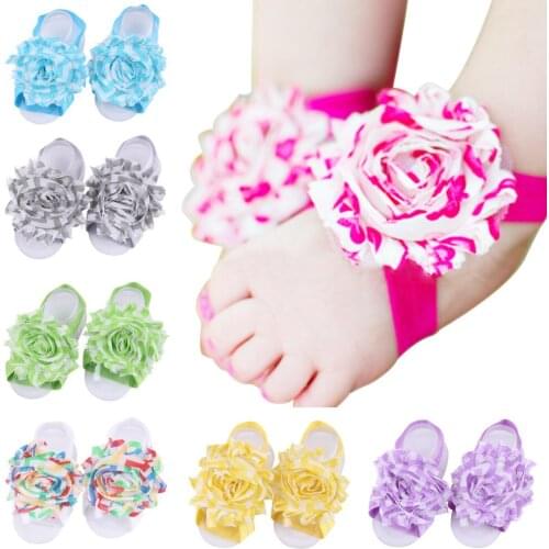Stripe Splicing Baby Girl Sandals Shabby Chiffon Flower Shoes Cover Barefoot Infant Toddler Shoes 20 pairs per Lot