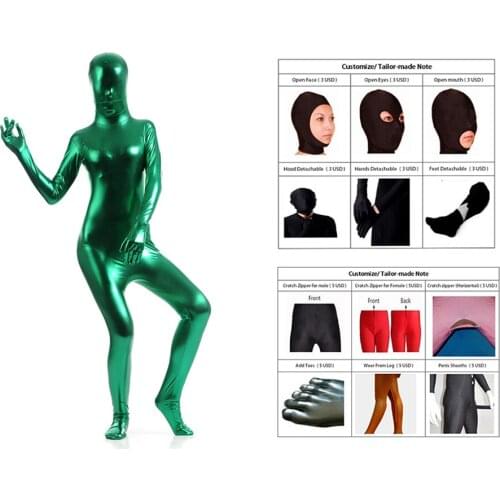 2018 Free shipping bodysuit metallic Shiny Green womens Unitard Catsuits Metallic Footed Zipper Zentai Bodysuit can Customize