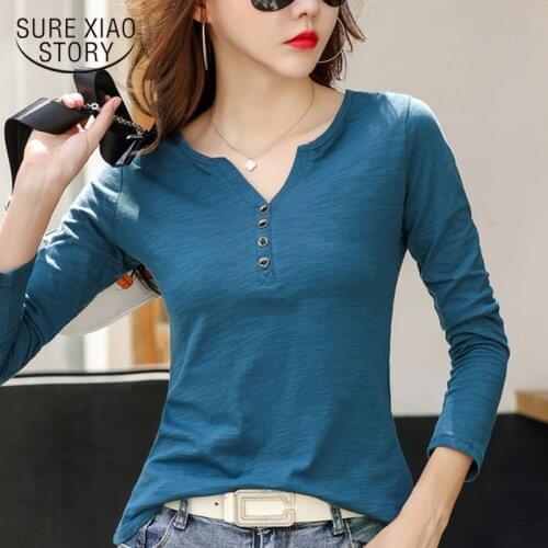 2021 Autumn Plus Size Women Tshirt V-neck Cotton Long Sleeve Shirt Women Loose Simple Bottoming Shirt Korean Office Lady 10799