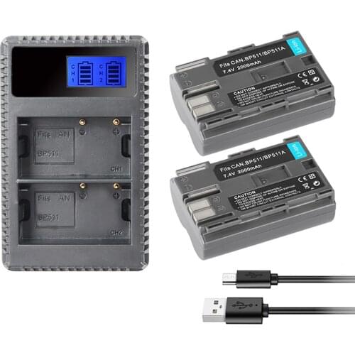 2x 7.4v 2000mah BP-511A BP-511 BP 511 511A BP511 BP511A Battery + LCD USB Charger for Canon EOS 40D 300D 5D 20D 30D 50D camera