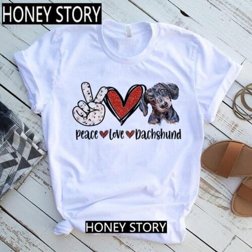 Peace Love Dachshund Dogs Print Tshirt Girl Harajuku Casual White Tops,Drop ship Female Summer Short Sleeve T-Shirt Women