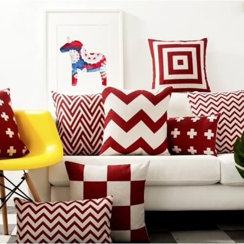 Red Geometric Lattice Pillow Cushion Cover Pillow Case Home Decorative Pillow Thick Linen Pillowcase Sofa Cushion