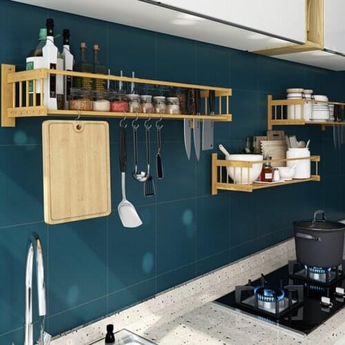 Kitchen Wall Racks Free Punching Solid Wood Storage Rack Bathroom Shelf Organizer Spice Rack Kitchen Wooden Shelf 4 Size