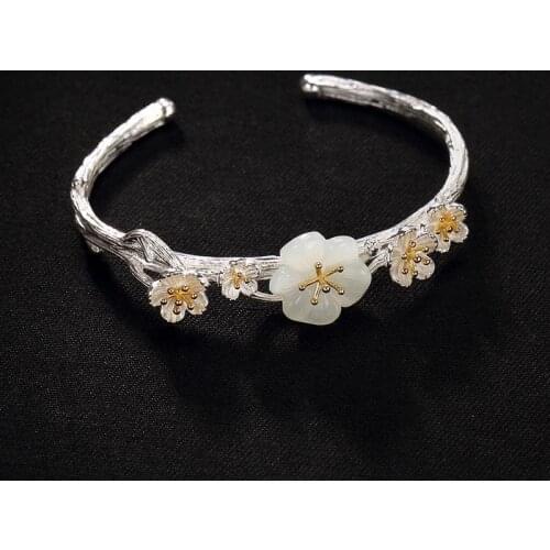 Fashion sterling silver natural white jade plum blossom art retro classic ladies open high-end bracelet hipster