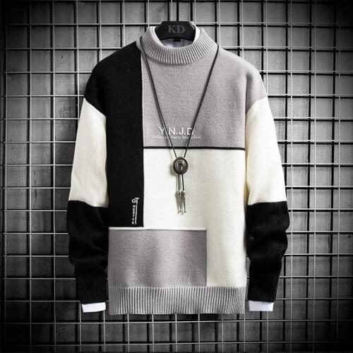 Men Patchwork Pullover Sweater Autumn And Winter Full Sleeve O-Neck Top
