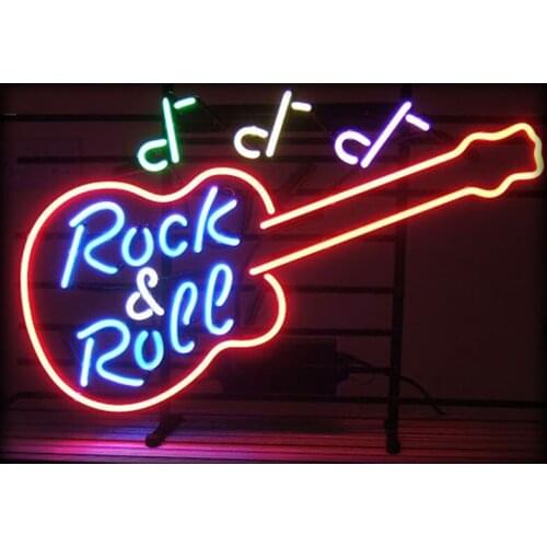 Neon Sign for ROCK N ROLL Guitar neon bulb Sign Beer Bar Pub Music Neon lights Sign glass Tube Iconic Advertise Night Light