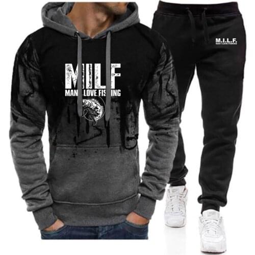 2021 New Spring and Autumn Milf Man I Love Fishing Printing Sportswear Cotton Tops + Pants Sports Casual Gradient Hoodies Suit