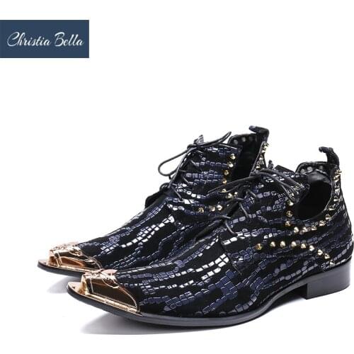 Christia Bella New Fashion Autumn Rivets Men Shoes Genuine Leather Boots Metal Pointed Toe Boots Big Size Lace up Ankle Boots