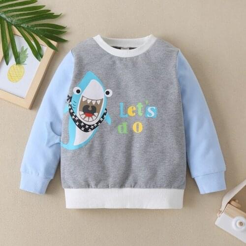New Cotton Kids Clothes Letter Cute Cartoon Shark Patchwork Long Sleeve Sweater Tops Comfortable Sport Baby Boy Clothes 1-6Y