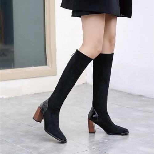Autumn and winter boots womens knee high boots Korean fashion elastic stitching outdoor boots thick high heel womens boots win