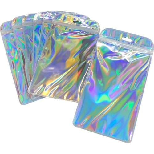 50pcs Laser Ziplock Bag Mobile Phone Waterproof Packaging Self Sealing Gift Bag Clear Holographic Thick Aluminum Foil Zip Bags