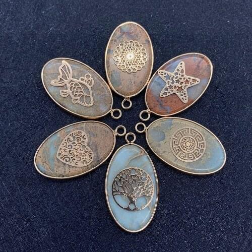 Natural semi-precious stone pendant Oval Single Hole Shoushan Stone Pendant with Metal Sheet DIY necklace jewelry making 19x35mm