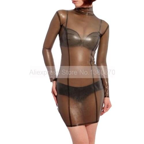 Transparent Black Latex Sexy Women Rubber Tight Dress Handmade S-LD189