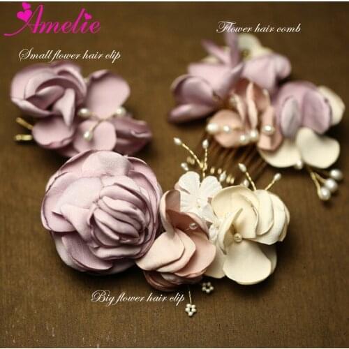 Romantic Light Purple Color Korean Charpie Handmade Flower and Pearl Hair Comb with Clip Set