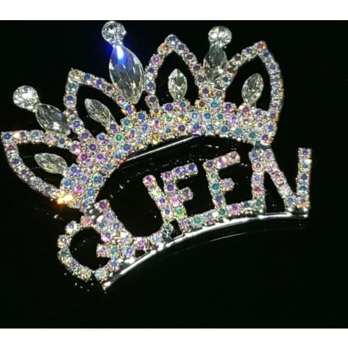 Luxurious Crystal Handmade Pageant Crown Brooch Pin with "QUEEN" Word Blingbling Aurora Rhinestone Jewelry&Accessories WHOLESALE