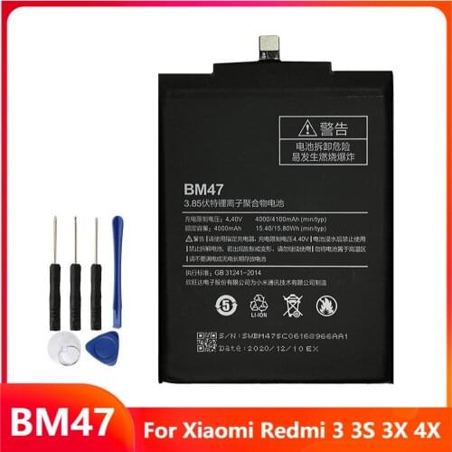 Replacement Phone Battery BM47 For Xiaomi Redmi 3 3S 3X 4X Redmi3 BM47 4100mAh With Free Tools