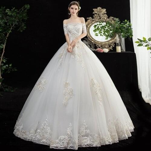 Wedding Dress Elegant Short Sleeve Boat Neck Lace Up Ball Gown Luxury Plus Size