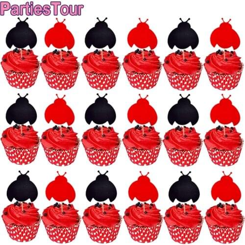 20pcs Ladybug Birthday Cake Decora Black Red Ladybug Cake Topper for Baby Girls Ladybug Themed Birthday Party Decor Supplies