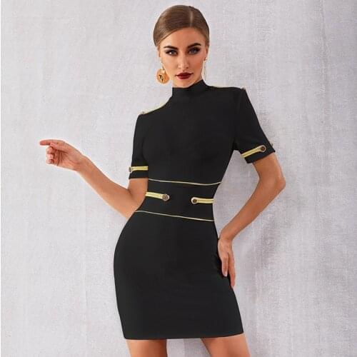 High Quality Black Round Neck Bodycon Mini Dress Summer Ladies Short Sleeve Button Decoration Club Bandage Party Dresses