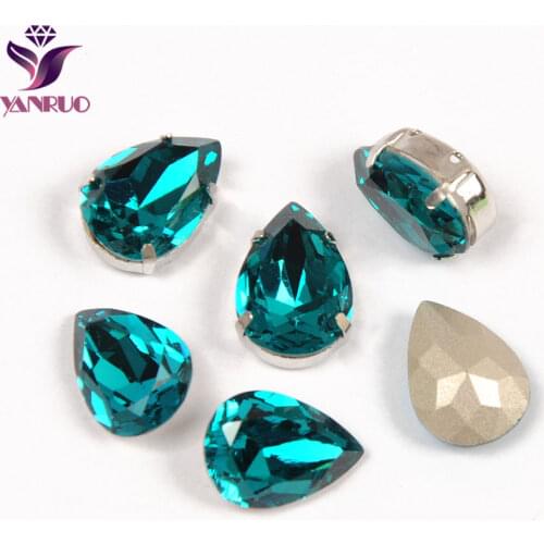 YANRUO Teardrop Blue Zircon Claw Crystals Jewelry Ornaments Marking Silver Gold Base Studs Rhinestones Sew on Stones